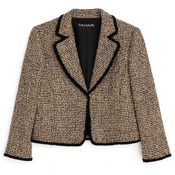 Tahari Vintage Tweed Cropped Blazer Black Tan Bouclé Trim Classic Jacket Size 10 - Picture 1 of 7